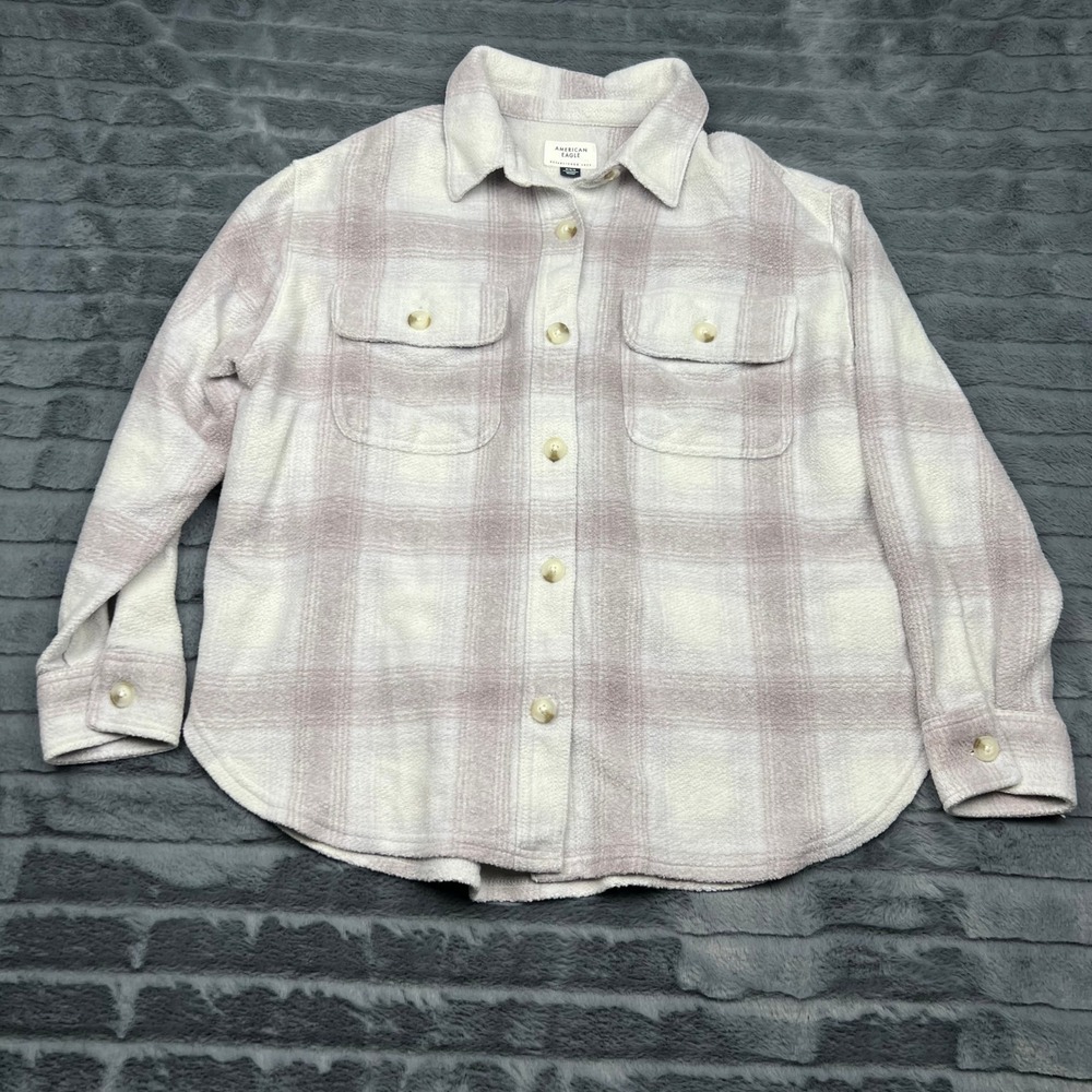 American Eagle Fleece Plaid Shacket Lavender Cream Button Down Shirt Jacket M